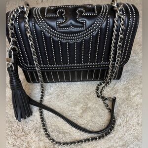 Tory Burch Black Studded Mini Fleming Quilted Chain Bag